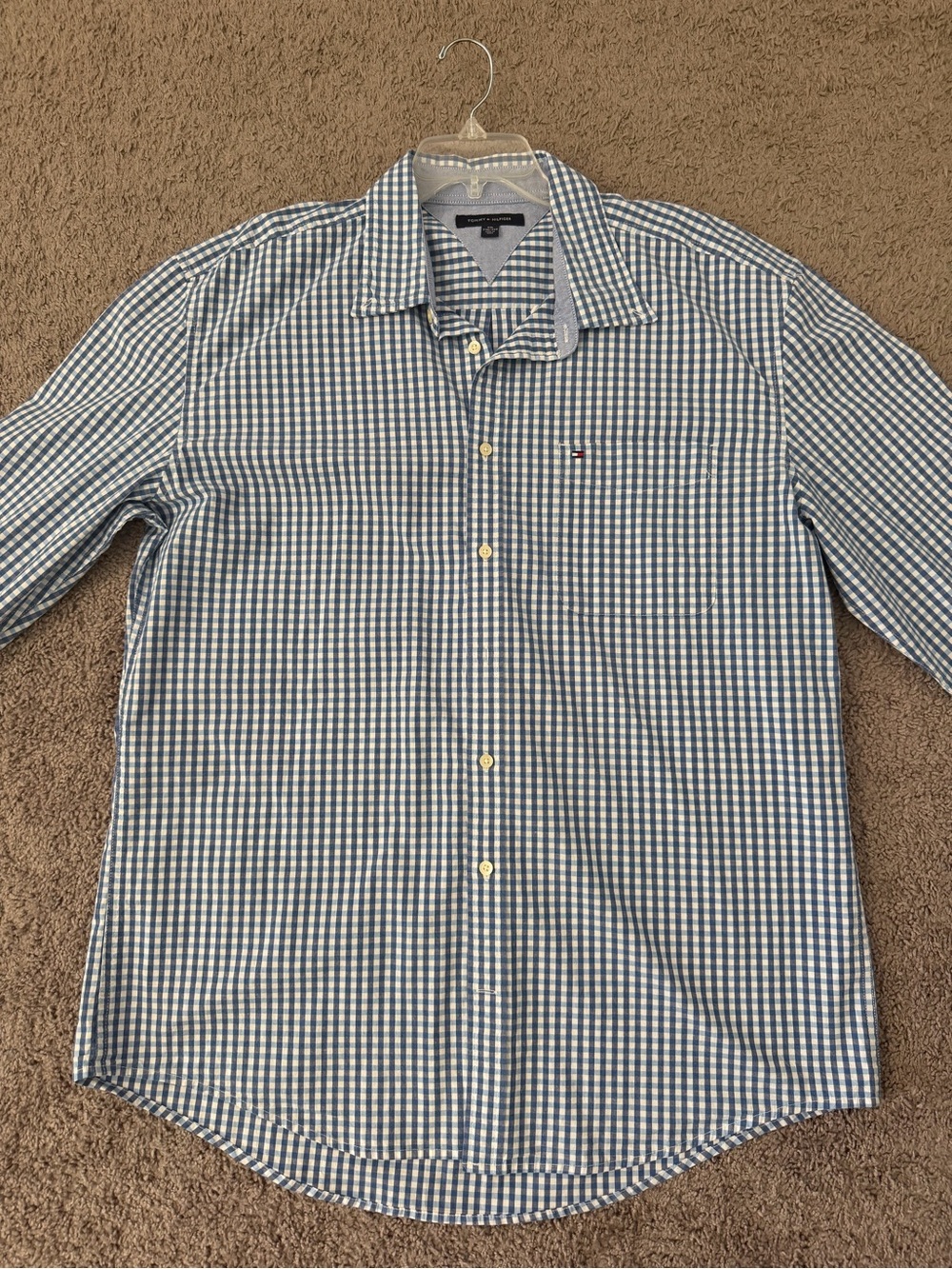 Tommy Hilfiger Men’s Blue and White Gingham Button-Down Shirt